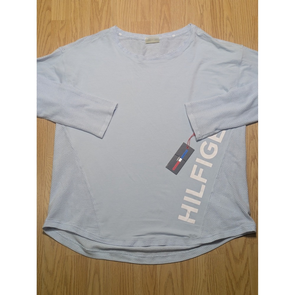 Tommy Hilfiger Womens Sport Mesh Panel Logo Graphic Top Light Blue XL